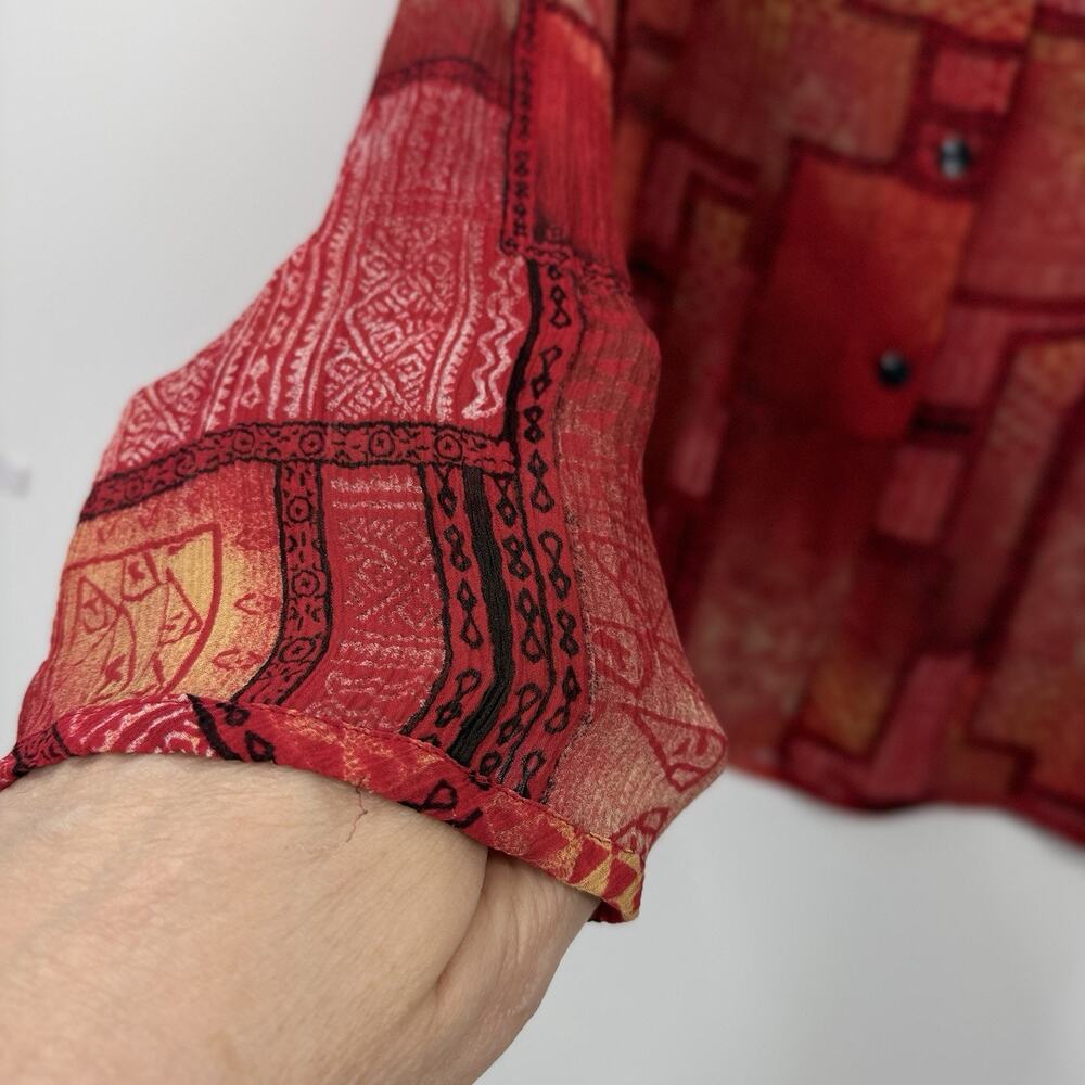 Chicos 3 Silk Crepe Button Up Top XL Red Patchwork Print Long Sleeve Artsy - Picture 4 of 11